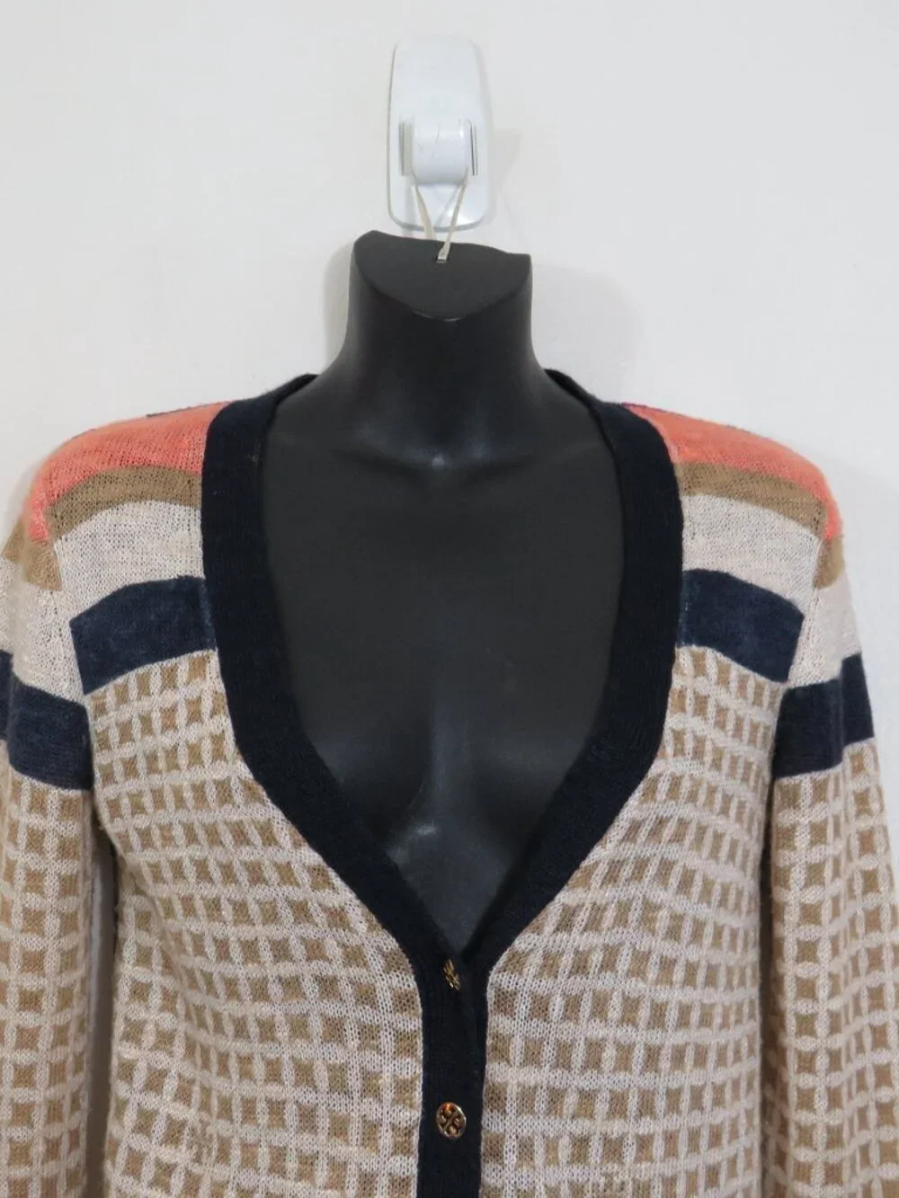 Tory Burch size XS Floral Print Linen Blend Cardigan Jumper Lightweight V Neck